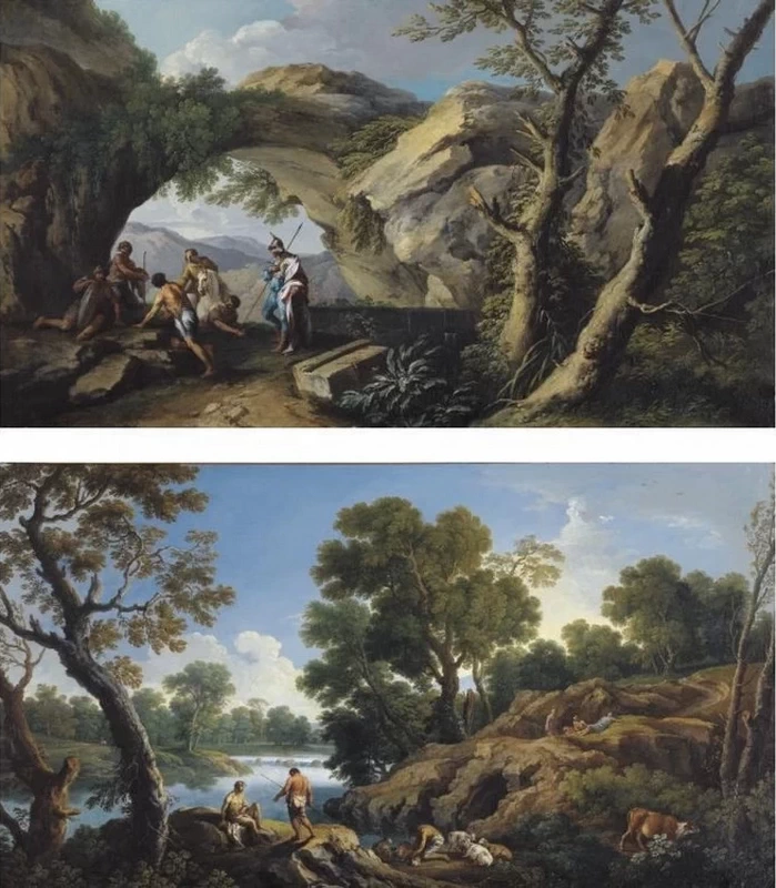 Paesaggio roccioso con cavaliere e briganti - Paesaggio fluviale con pastore e figure